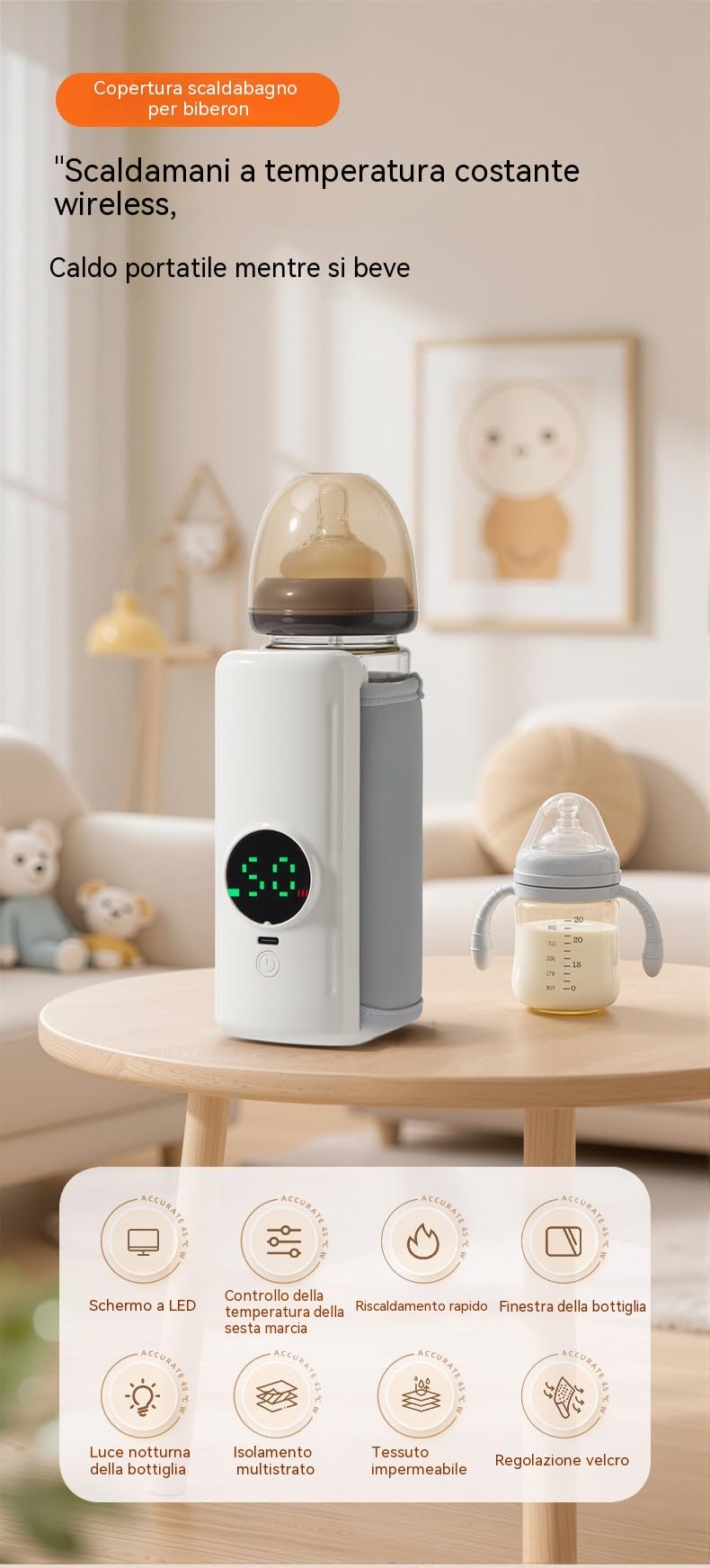 Scaldabiberon portatile per latte materno, scaldabiberon senza fili portatile da viaggio, ricaricabile USB 6000 mAh, scaldabiberon elettrico portatile per latte materno o latte artificiale