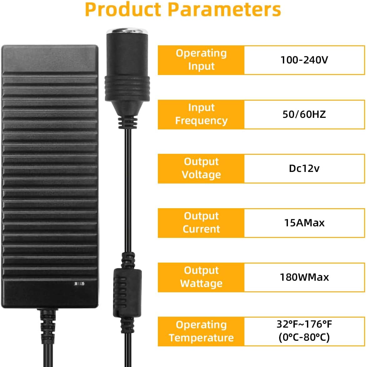 180W AC to DC Converter, 110V to 12V 15A Car Cigarette Lighter Socket AC/DC Adaptor Power Supply for Car Refrigerator, Tire Inflator, Vacuum Cleaner and Other Devices 7.2FT