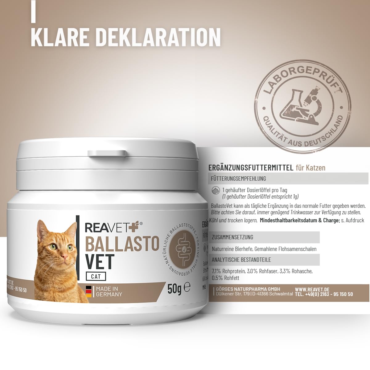 ReaVET BallastoVET pour chat 50 g – Soutien rapide en cas de constipation, en cas de constipation aiguë et chronique et de matières fécales solides, aide à la digestion, aide rapide en cas d'inertie