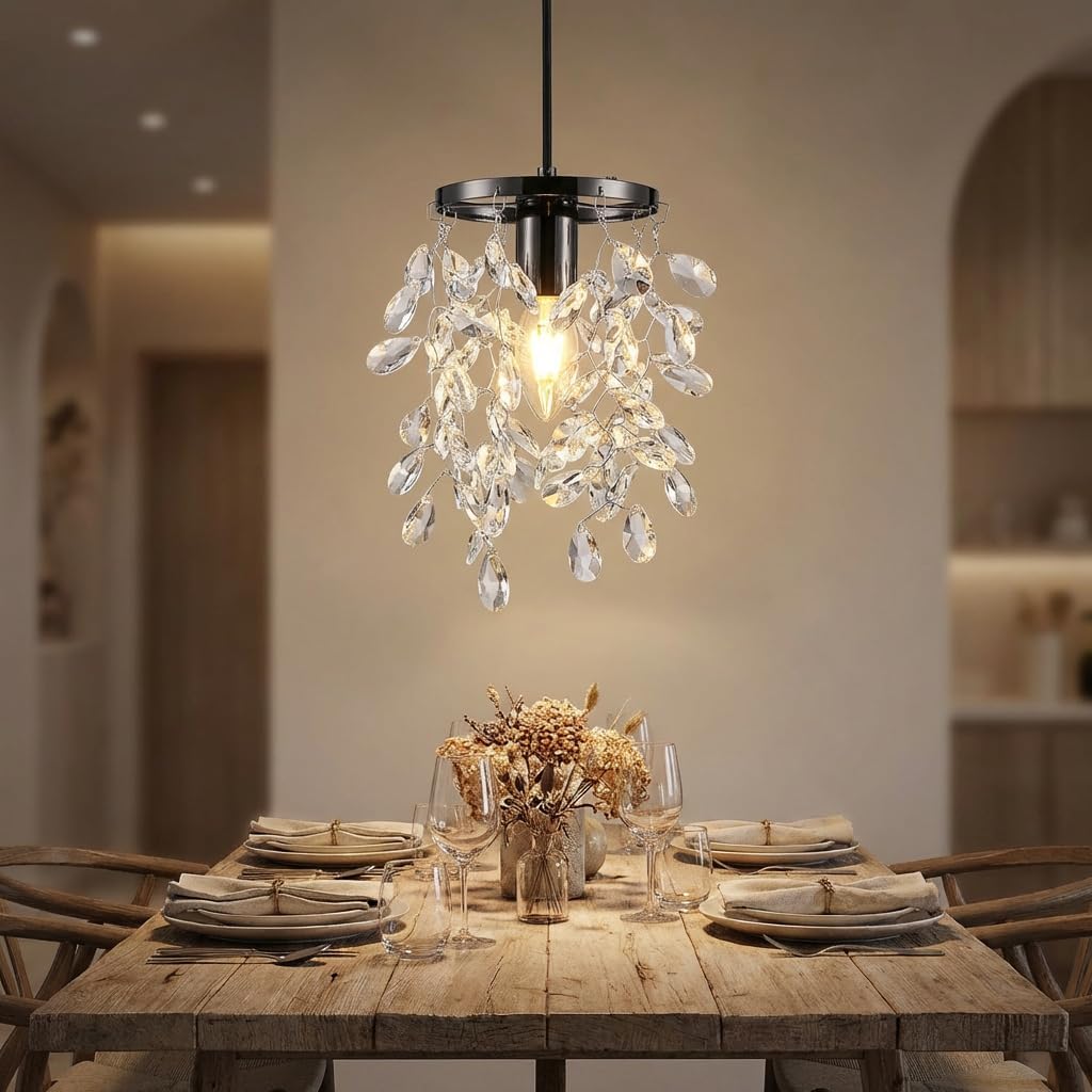 Small Crystal Chandelier, Wind Chime Pendant Light, Black Hanging Light with K9 Crystal Strings, Farmhouse Chandelier Light Fixture for Dining Room, Bedroom, Hallway, E26/E27 Base