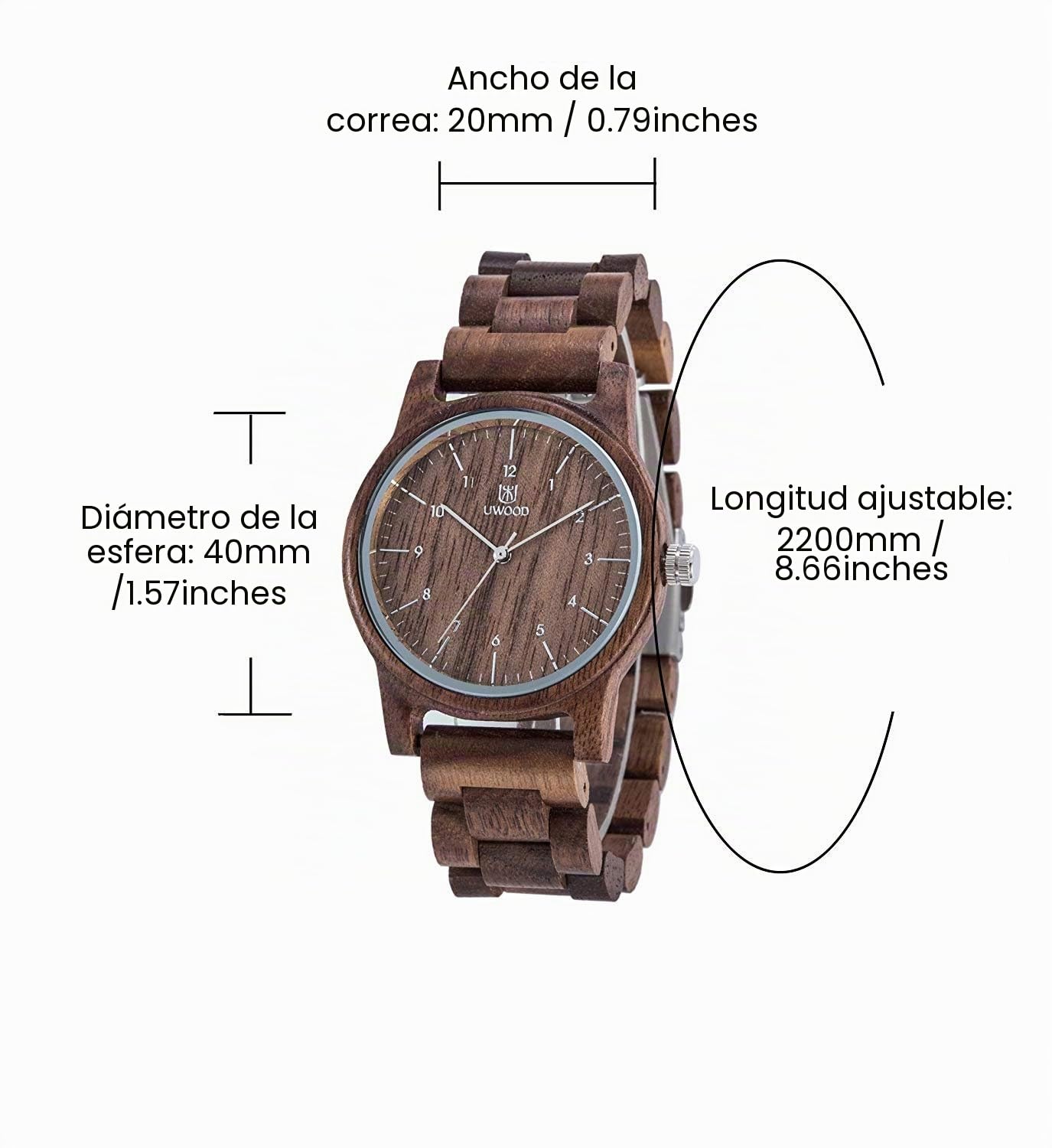 Relojes de Madera Uwood Series 40 mm Unisex Reloj de Madera Natural Hecho a Mano con Caja de Regalo y Banda Ajustable
