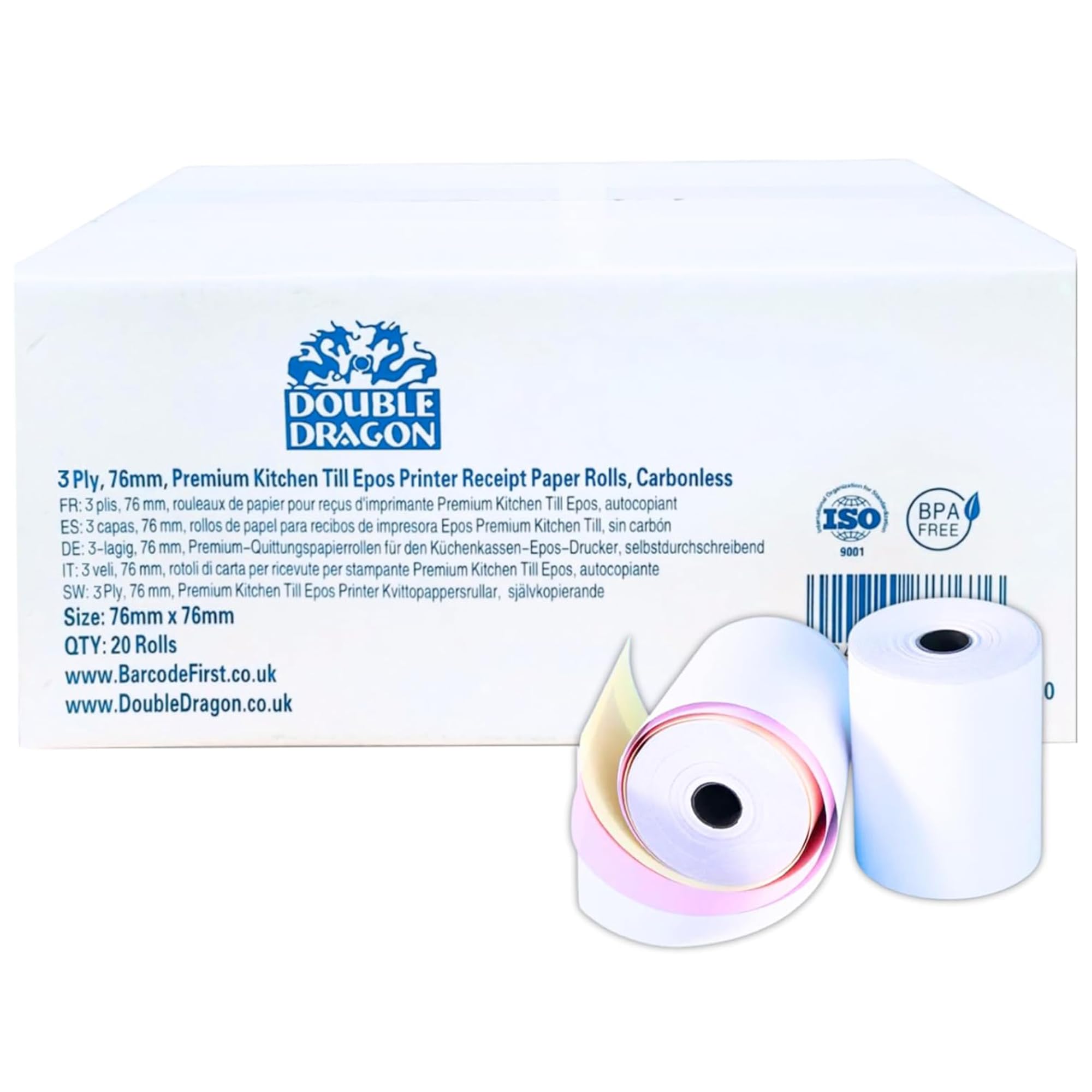 Double Dragon 76 x 76 mm, Rollo de Papel Autocopiativo de 3 Capas para Impresora de Cocina, Calculadora de Impresión, Impresora de Recibos No Térmica POS, Impresora de Impacto Matricial | 20 Rollos