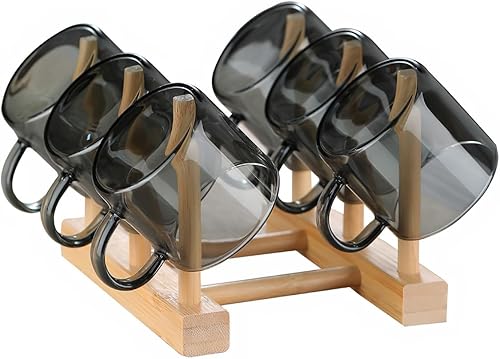 Juego de 6 mini tazas de té de vidrio con soporte de madera, juego de tazas de té Kung Fu gris ahumado, decoración de utensilios de té chino, taza