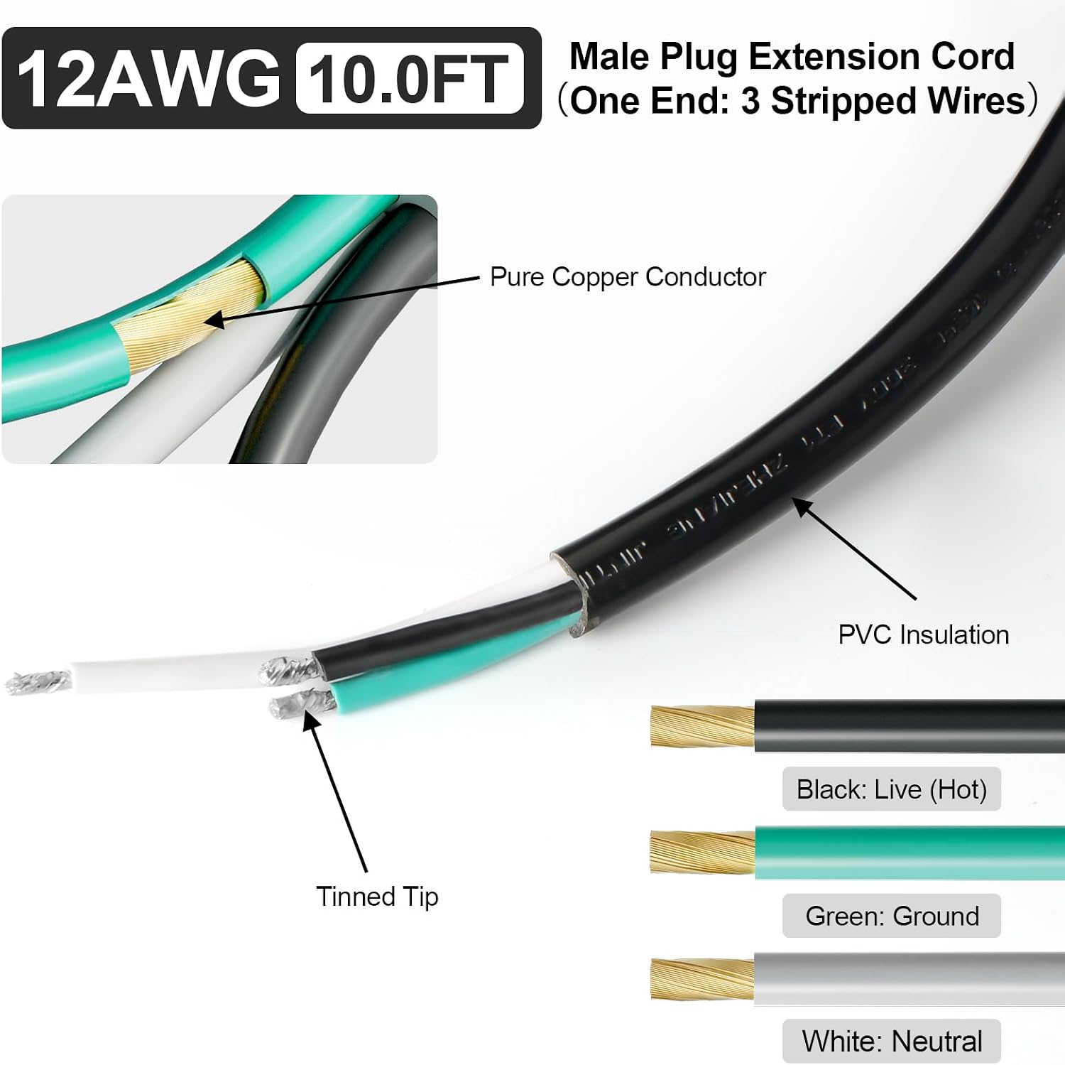 QTEATAK 10 FT Male Plug Extension Cord, 125 V 20 A 3 Prong 3-Wire Straight Blade Plug with AWG 12 Cable, Replacement Power Cord, Includes 5 Heat Shrink Tubes, UL (Male Black 1 Pack)