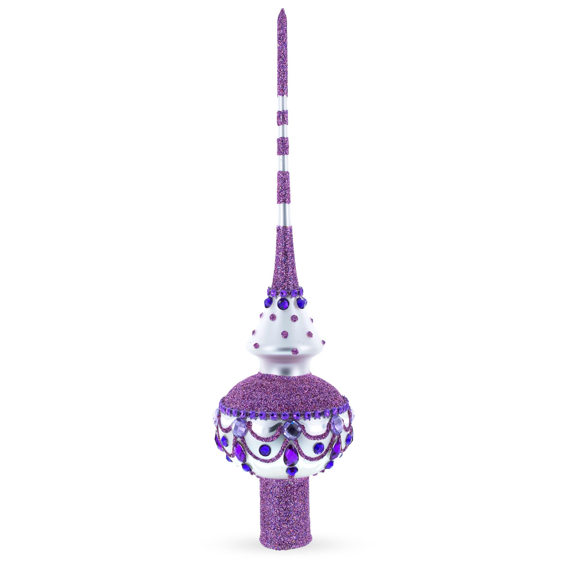 Dimensional Jeweled Purple Chandelier on White Blown Glass Christmas Tree Topper 11 Inches