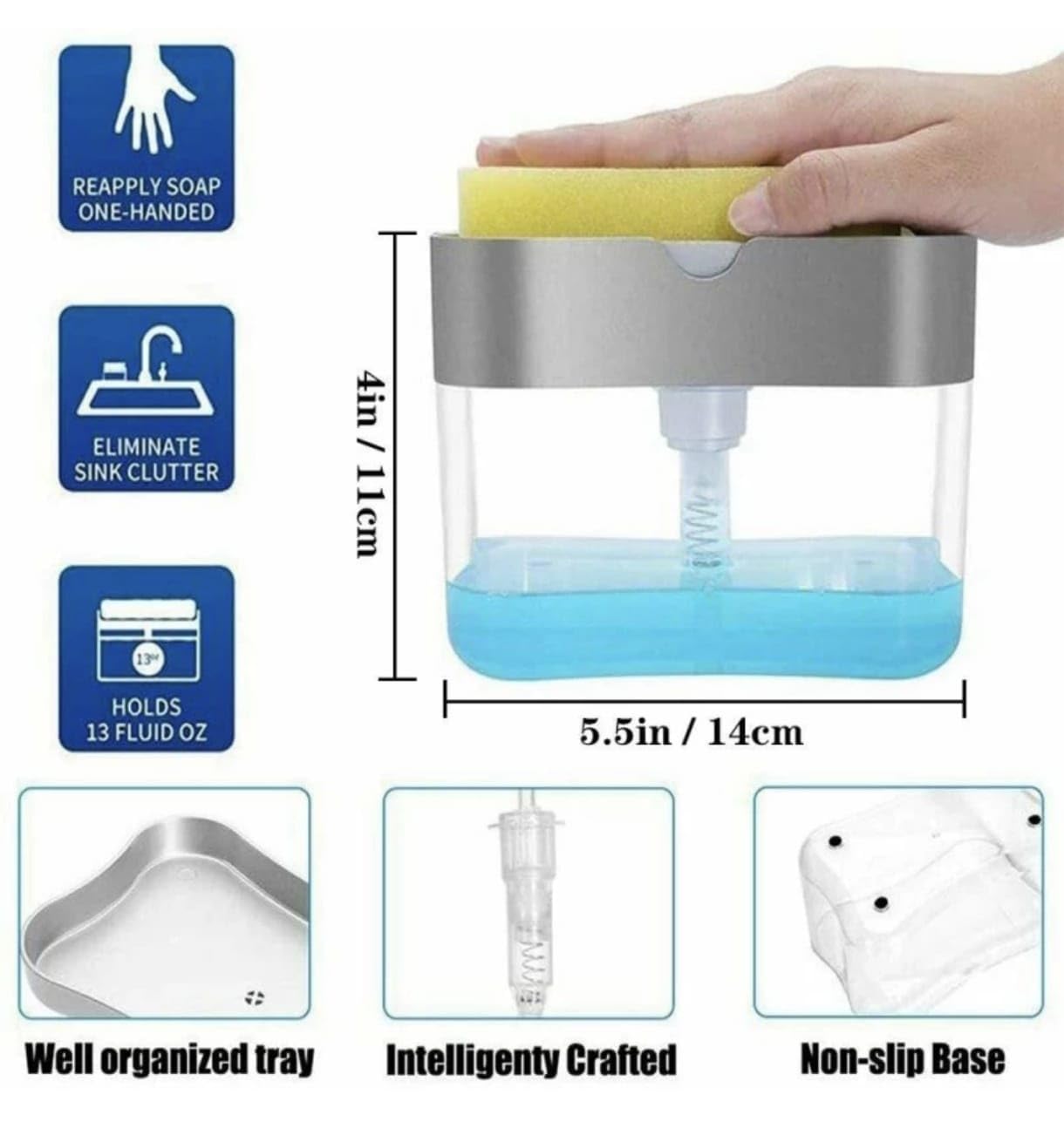 2 in 1 Soap Dispenser for Bathroom Accessories Dishwasher Liquid Holder Liquid Dispenser Pump 400 ML with Sponge Holder Kitchen Sink Accessories Items (Multi-Color) 1
