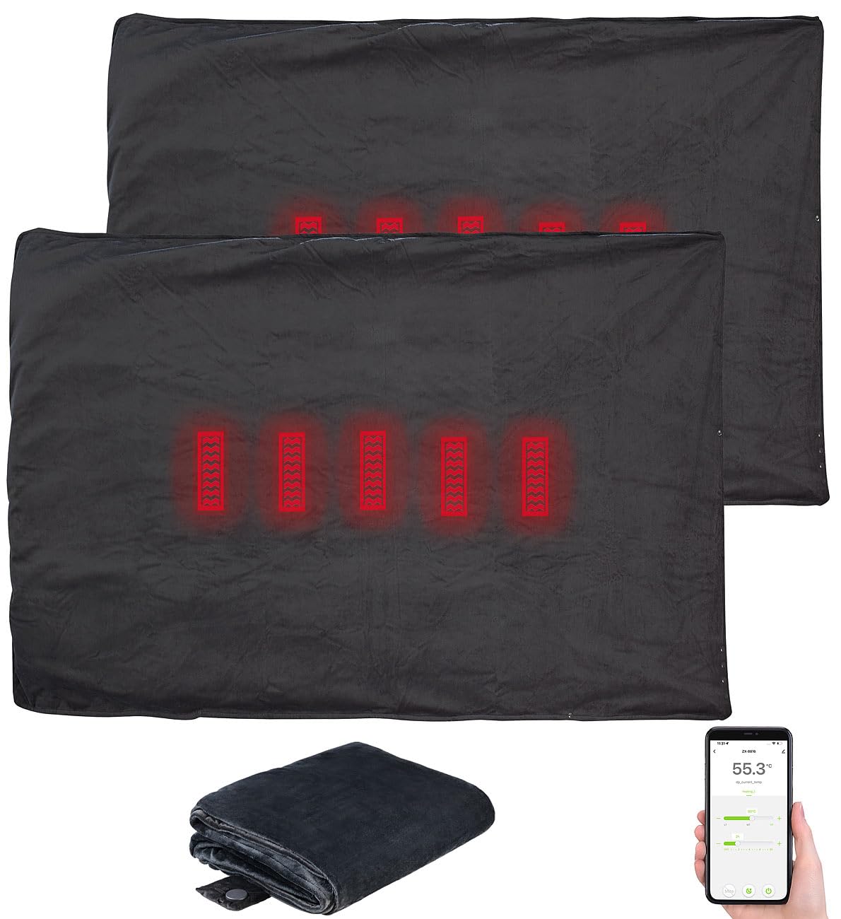 USB Heizdecke: 2er-Set Decke mit IR-Heizelement, Bluetooth, App, bis 65°C, 180x135 cm (Heiz Decke, Heizdecke Bluetooth, Kfz)
