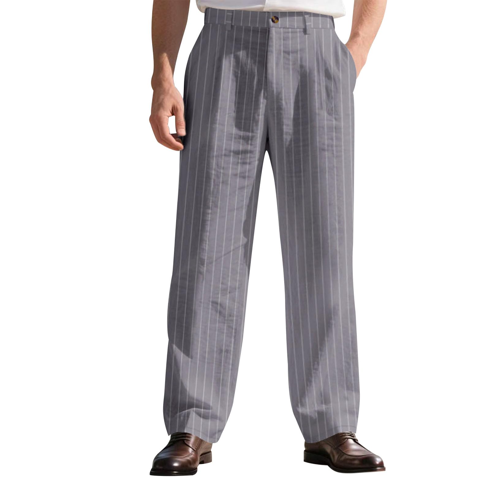 Linen Dress Pants for Men Casual Loose Striped Pant Straight Lightweight Breathable Work Trousers with Pockets
