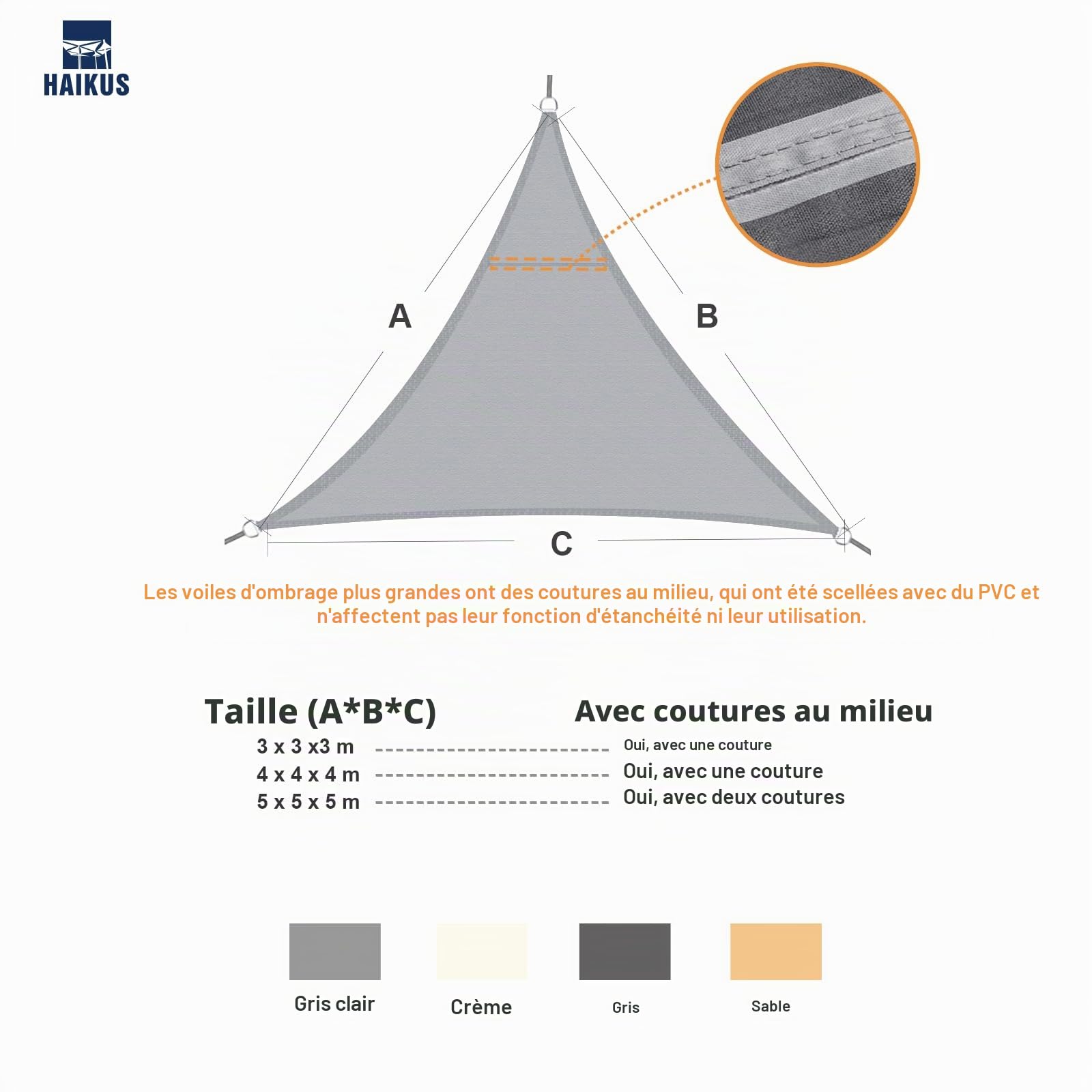 HAIKUS Voile d'ombrage Imperméable Triangulaire 4x4x4m, Toile Ombrage PES Résistant à l'eau, Filet dombrage Triangle 4m Résistant 98% Protection Rayons UV pour Patio Jardin Extérieur, Sable 4x4x4
