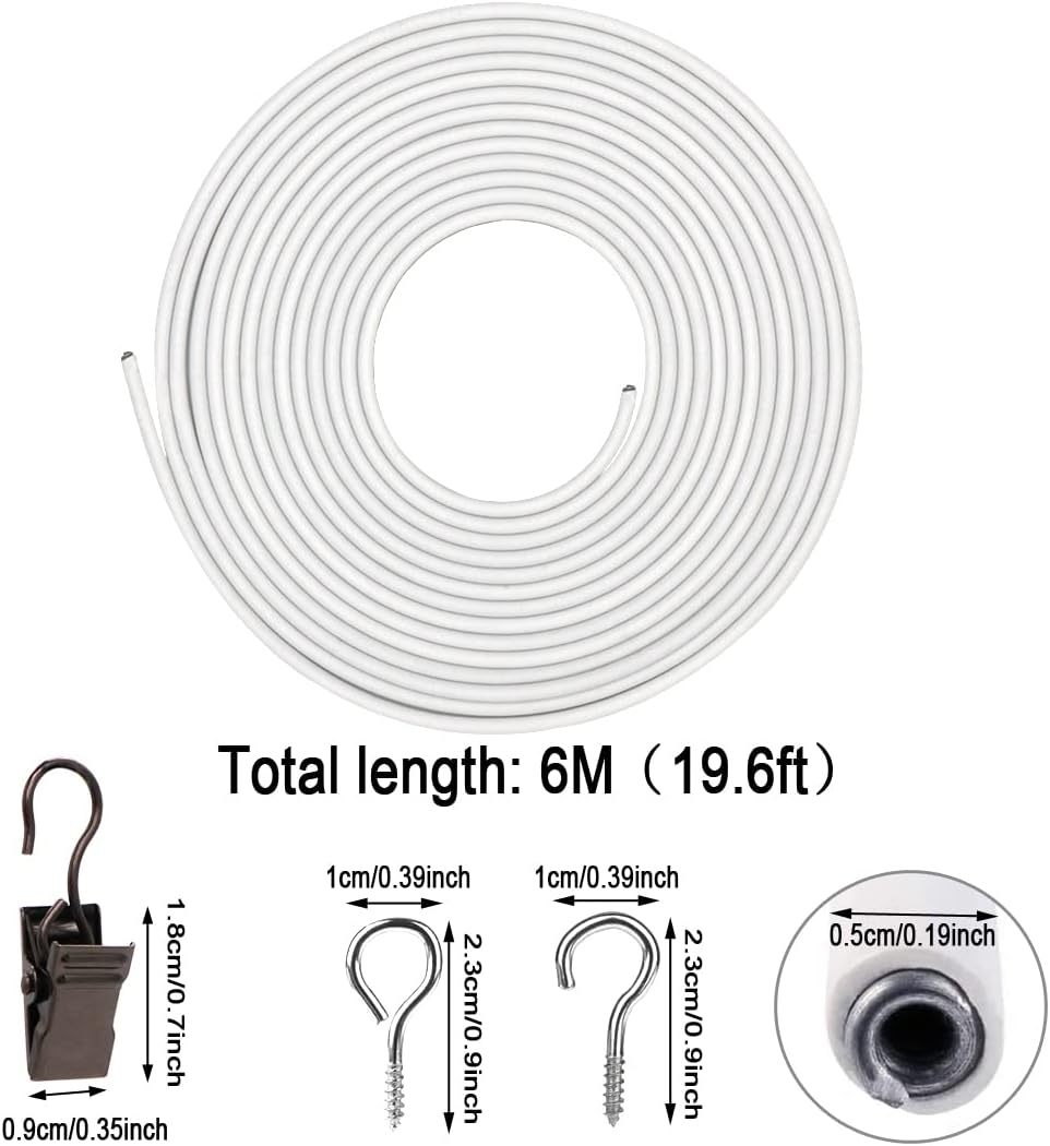 Curtain Wire 6 Meter White Plastic Coated Window Curtain Wire Wall Decor Picture Hanging Kit with 10 Curtain Clips 10 Pairs of Screw Eyes and Hooks for Net Curtain Rods Clothesline Hanging Decor