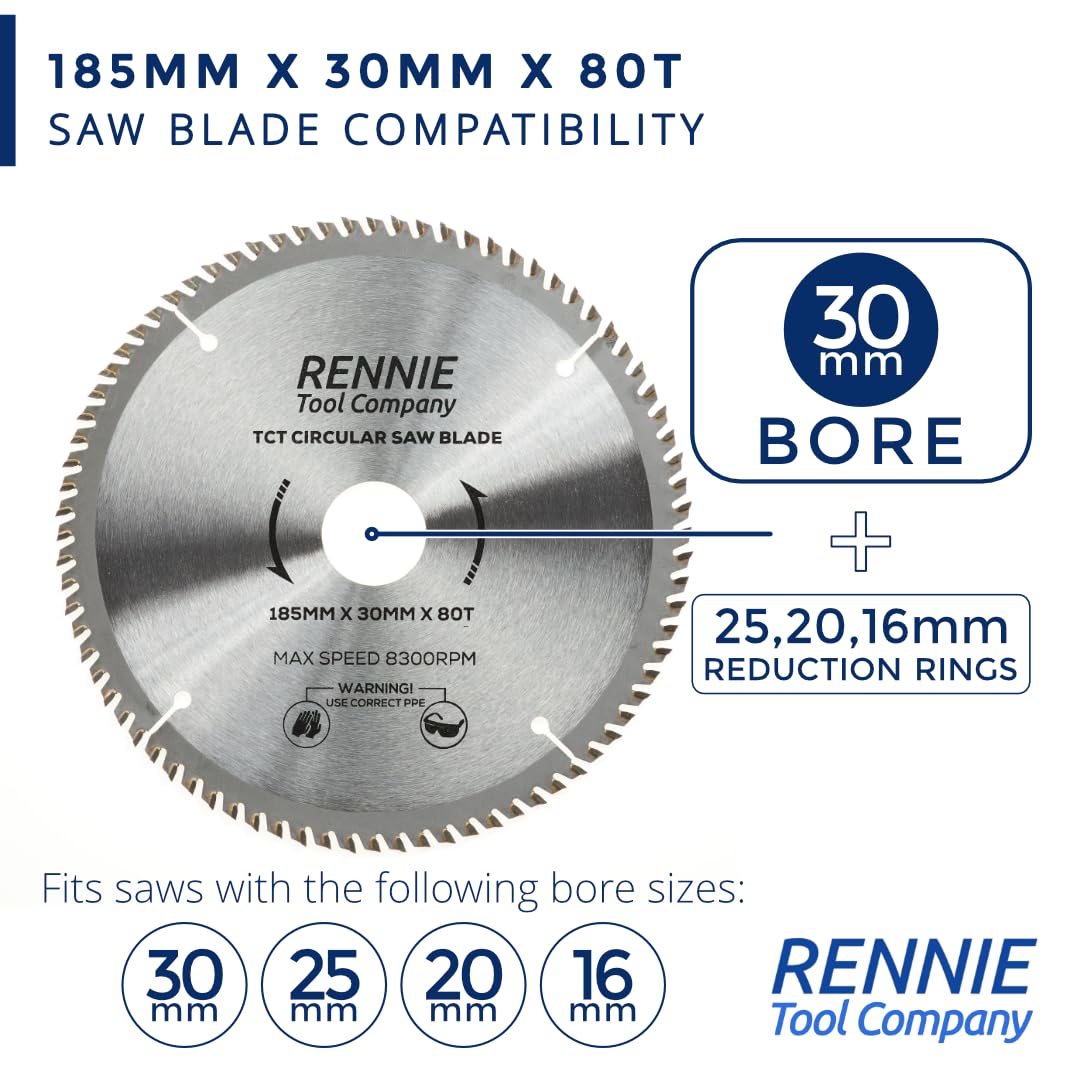 Confezione da 4 lame per sega circolare da 185 mm x 24T 40T 60T 80T TCT x foro 30 mm + anelli di riduzione del foro da 25 mm/20 mm/16 mm, adatte per seghe circolari Evolution Bosch, Makita, Ryobi,