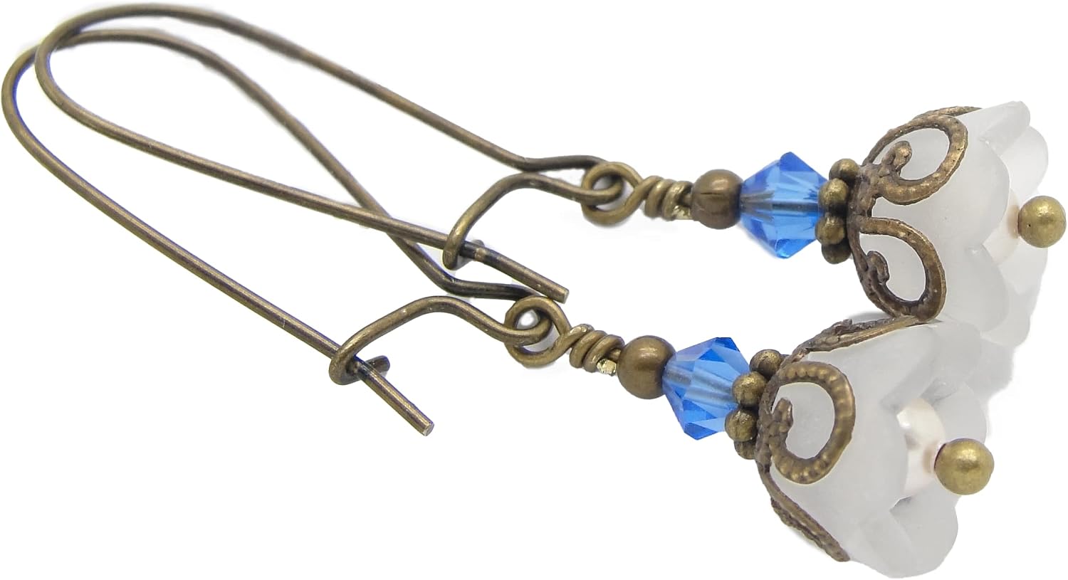 Victorian Blue and White Lily of the Valley Flower Earrings in Antiqued Brass