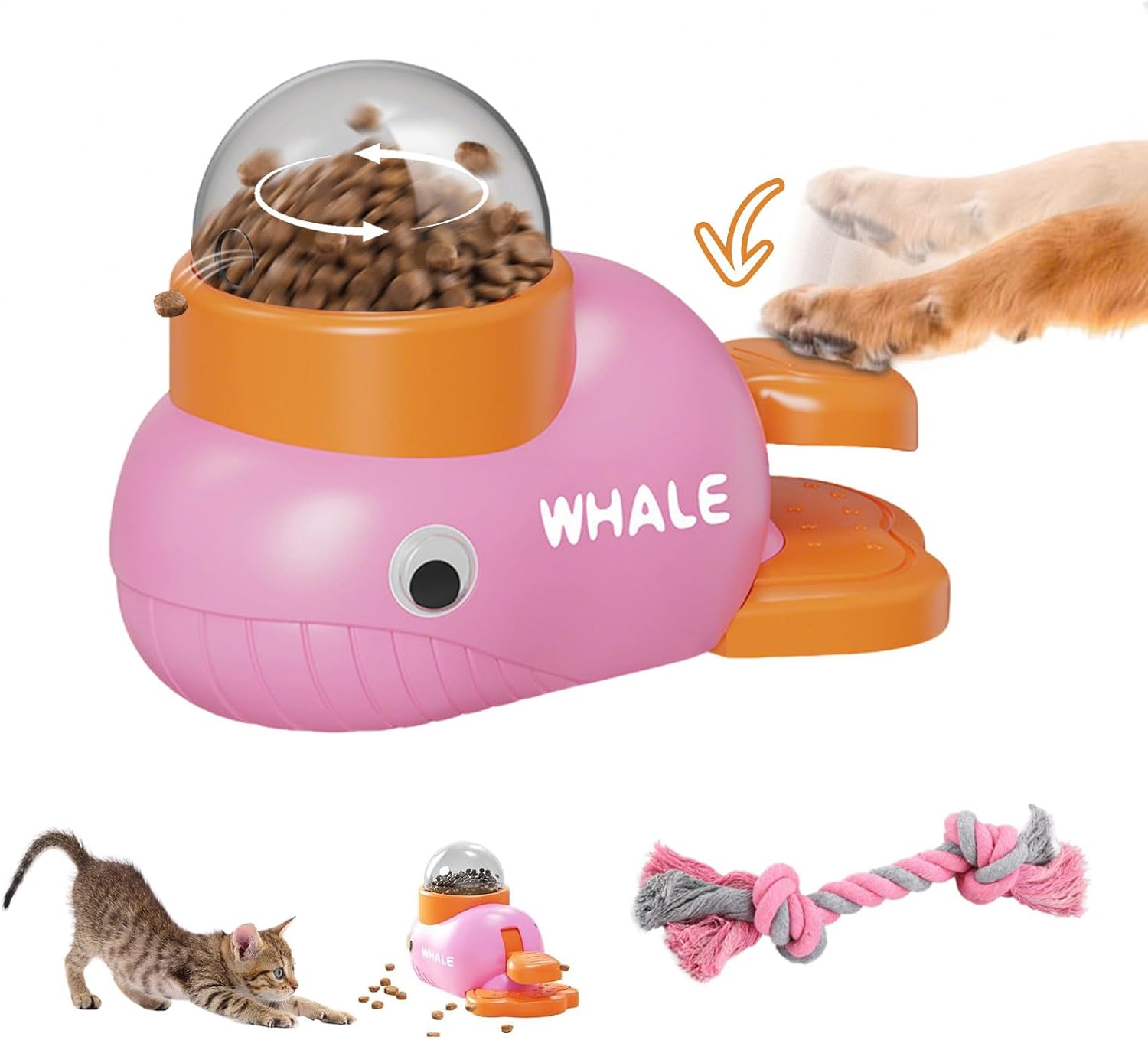 Whale Interactive Dog Treat Dispenser – Press Tail to Release Snacks, Puzzle Slow Feeder Toy for Dogs with Bonus Chew Rope Toy, Fun Training Game & Mental Enrichment, Easy to Clean and Refill (Blue)