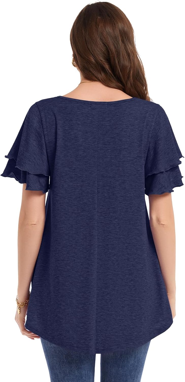 MONNURO Women's Plus Size Tops V-Neck Ruffle Short Sleeve Casual Blouse 2026 Trendy T-Shirt Loose Fit Womens Summer Tops - Image 5