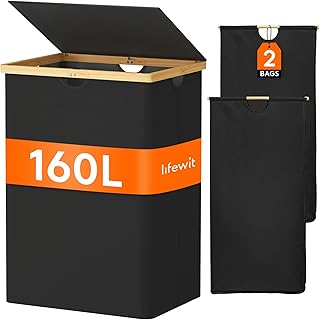 Lifewit 160L Grande Cesto Ropa Sucia con Tapa de Bambú, Cesta Ropa Sucia con Asas, Cubo Ropa Sucia Plegable con 2 Secciones y Bolsa Lavable Extraíble, Laundry Basket para Baño, Lavadero, Negro oscuro