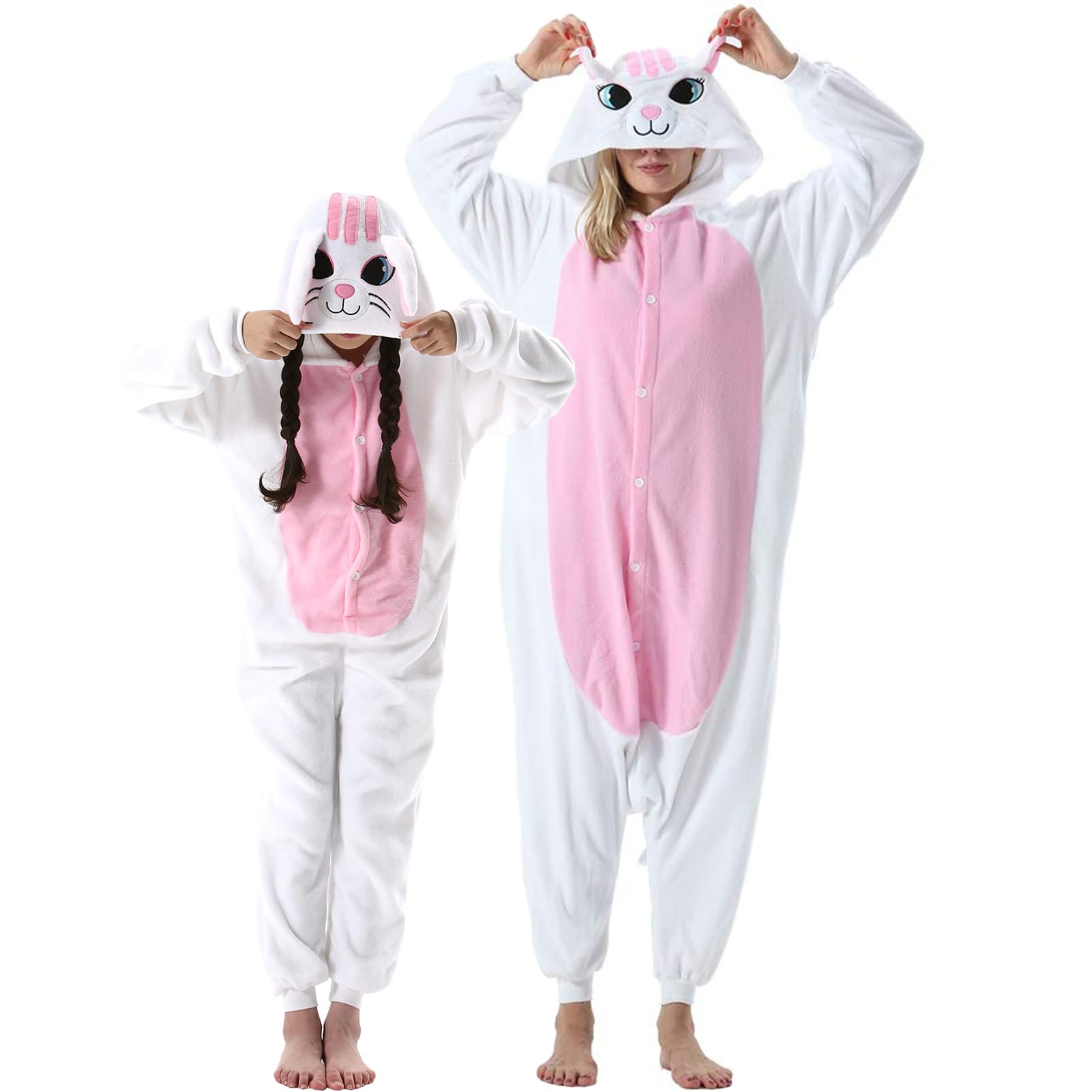 DarkCom Animal Onesie for Kids,Flannel Cosplay White Cat Halloween Costume Parent-Child Sleepwear for Girls Boys 10-11 Years