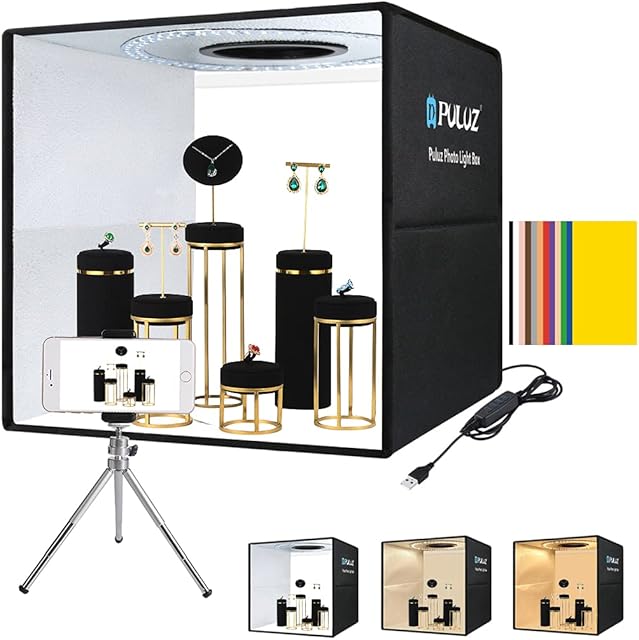 Photo Light Box Photography Tent, PULUZ 40cm/16 inch Portable Photo Booth Box Dimmable 3 Color Temperature LED Light Tent USB with 12 Colors Backdrops