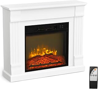 ROVSUN 32'' Electric Fireplace with Mantel, Freestanding Heater w/Remote, Timer, 6 Realistic Flame & Adjustable Temperature for Home Bedroom Living Room Indoor, 1400W