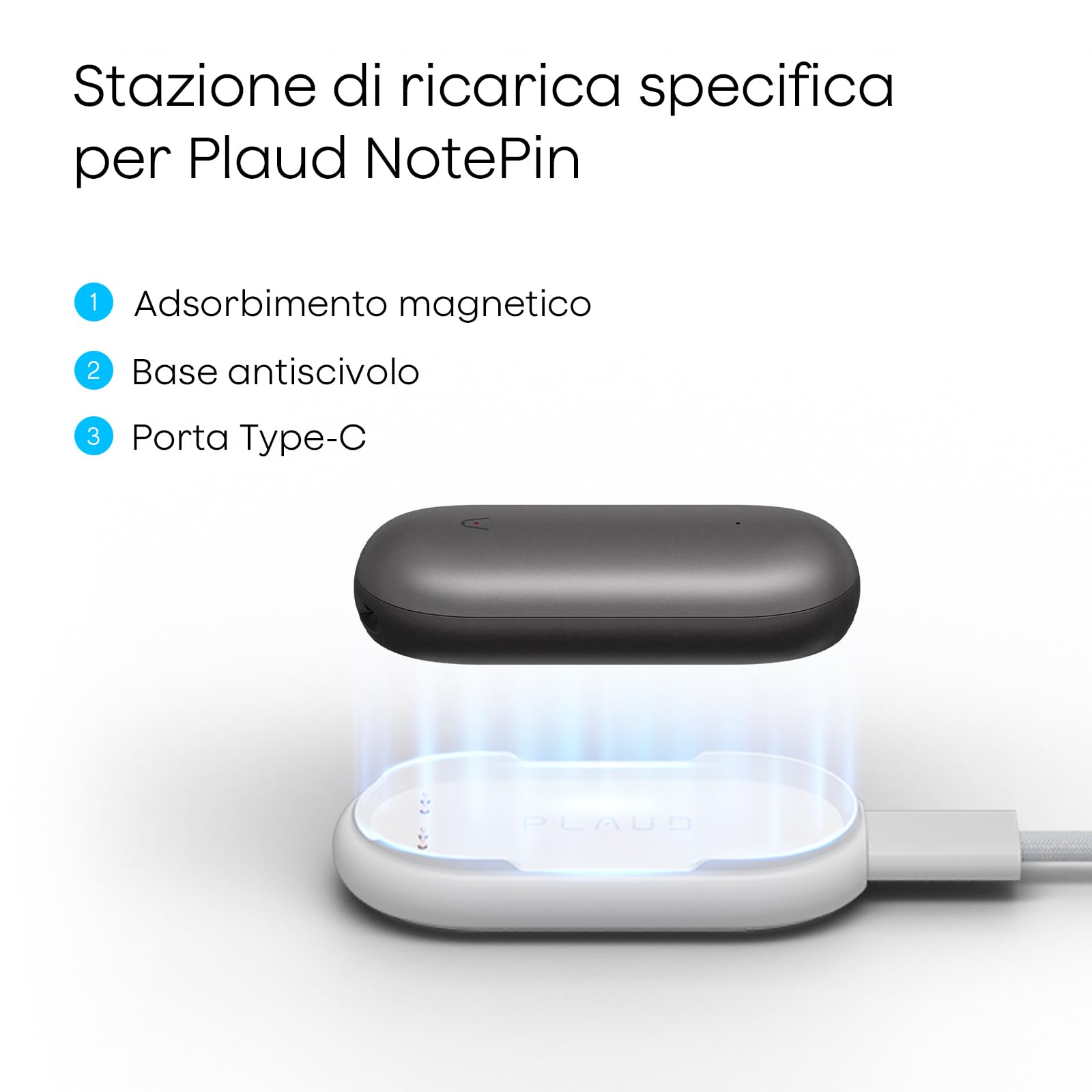 Plaud NotePin S & NotePin Dock di Ricarica Rapida Magnetica, Base Antiscivolo e Cavo USB-C Intrecciato, Compatibile con Registratore Vocale IA Plaud NotePin S e NotePin
