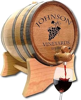Personalized 10 Liter Oak Wine Barrel Dispenser (2.5 gallon) with Wood Stand, Bung, and Spigot - Small Toasted Wine Aging Barrels For Wine Making, Mead - Engraved Custom Grapes Design (V16)