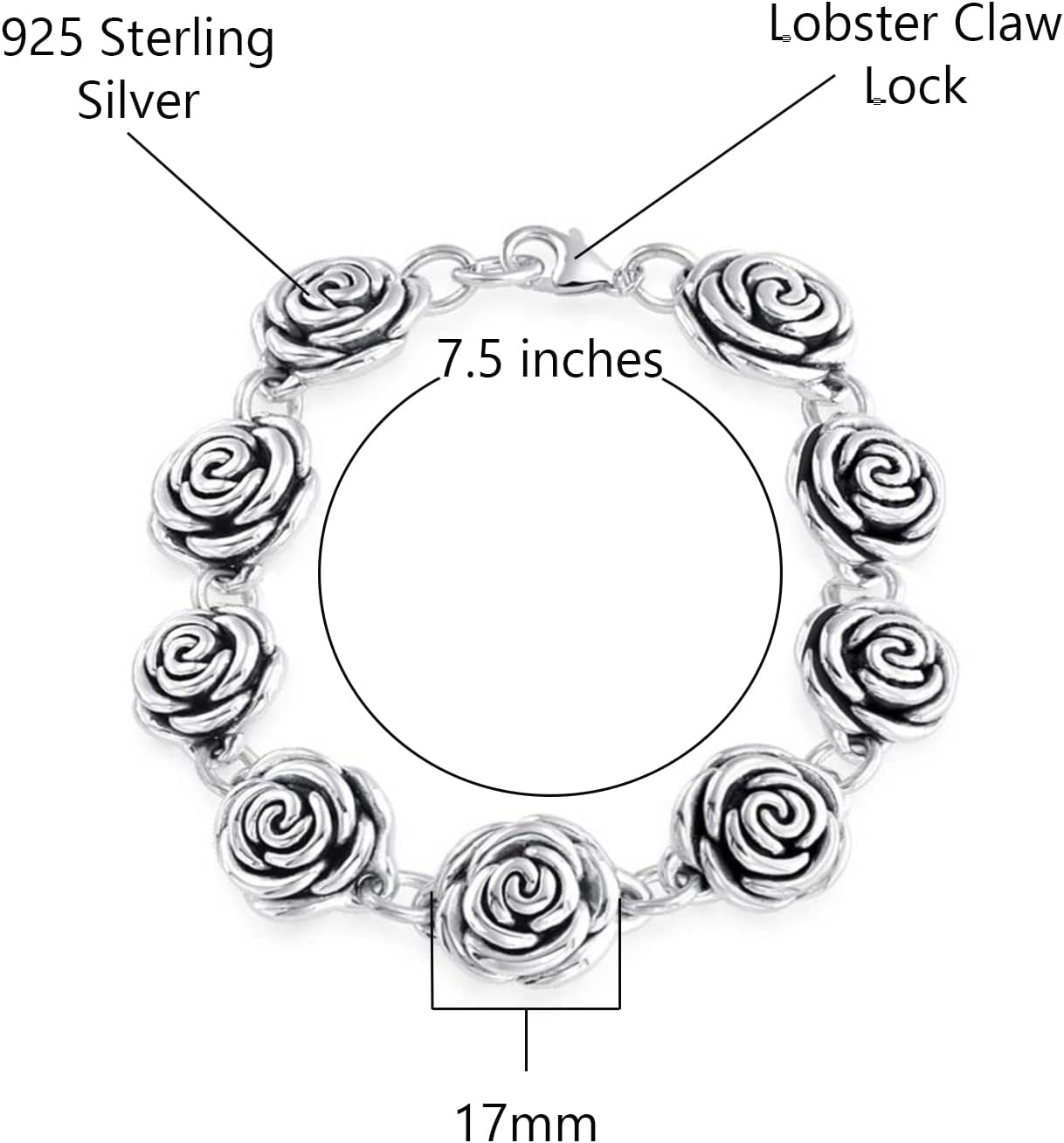 Savlano 925 Sterling Silver 17mm Italian Rose Link Chain Bracelet - 7.5 inch Hollow Flower Rose Bracelet for Women - Made in Italy Comes with Gift Box - Image 2