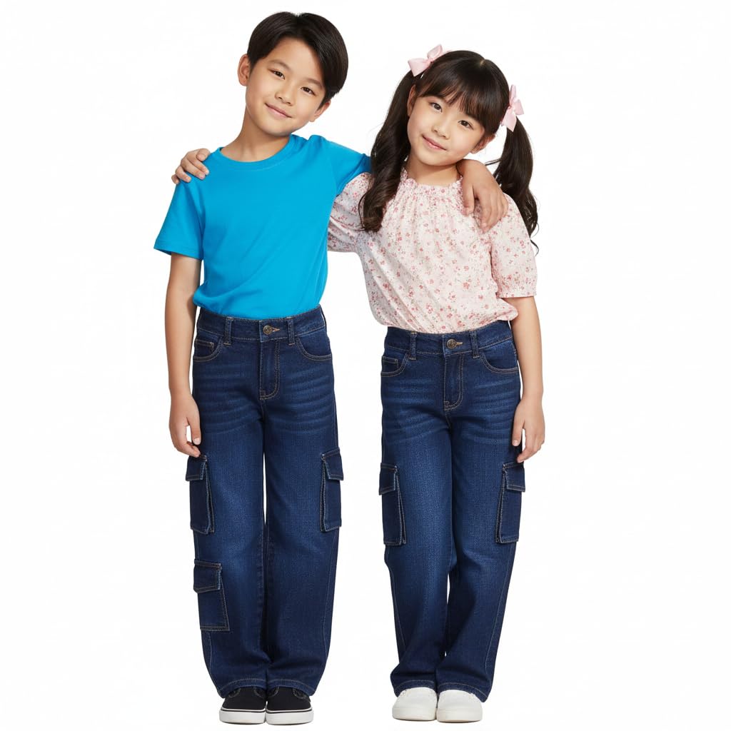 A2Z 4 Kids Jeans cargo a gamba larga da ragazza, 98% cotone, pantaloni elasticizzati blu lavato a vita alta svasati pantaloni larghi con tasche utilitarie casual moda età 5-14 anni