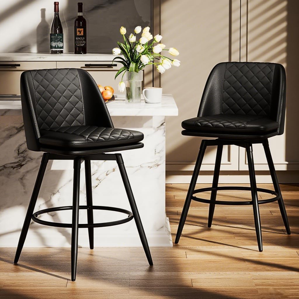REONEY Bar Stools Set of 2, 26 Inch Counter Height Barstools with Back, 360° Swivel Modern Bar Chairs Double-Layer Upholstered Faux Leather with Metal Footrest for Home Kitchen Island, Café, Black