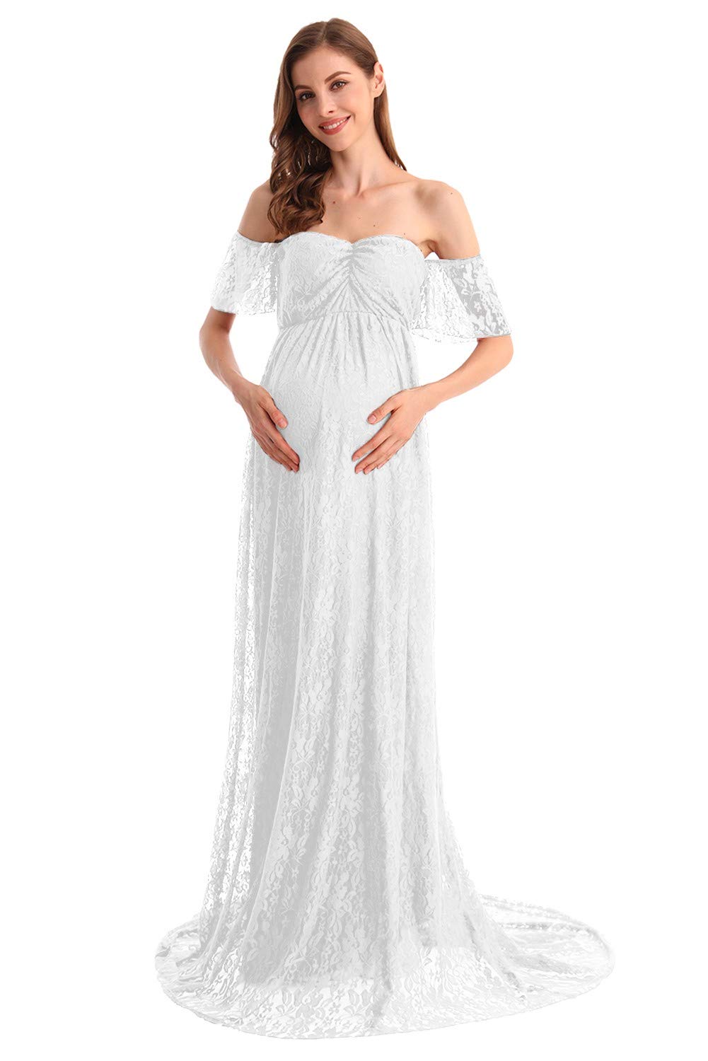 MYRISAM Damska czeska macierzyństwo bez ramion falbanka koronka suknia ślubna fotografia Maxi baby shower suknia zdjęciowa, biały, M