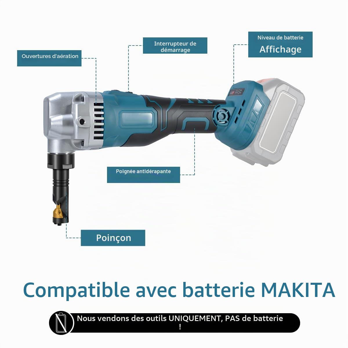 Grignoteuse Sans-Fil, Grignoteuse à tôle Compatible avec Makita 18v, Tête de Grignoteuse Rotative 360°, Grignoteuse Réglable 3 Vitesses, Ciseaux à Métal Grignoteuse à Tôle pour Couper L'inox