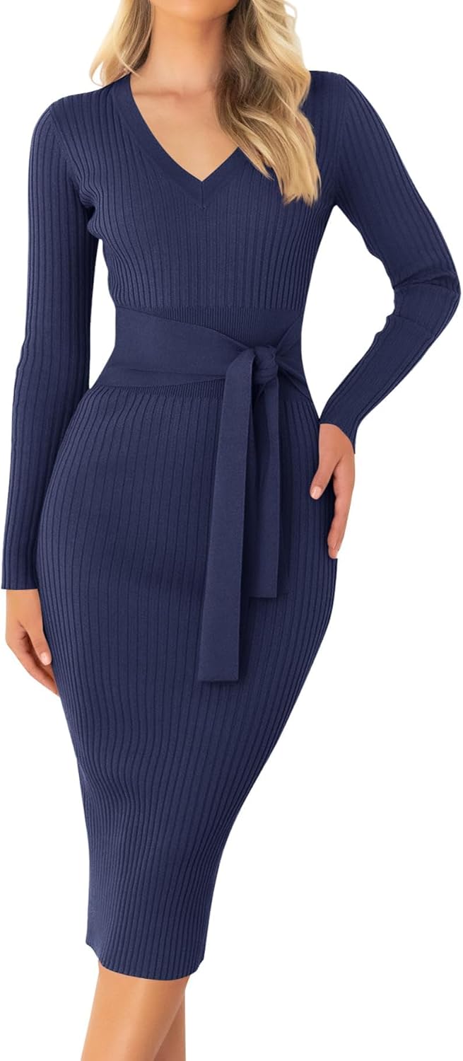 ZESICA Women's 2026 Spring Sweater Dress V Neck Long Sleeve Ribbed Knit Tie Waist Bodycon Slim Fit Midi Dresses - Image 4