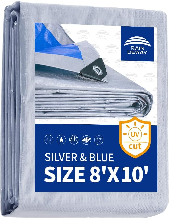 RAINDEWAY Tarps 8x10 Feet, 5.5 Mil - Multipurpose Waterproof Poly Tarp Cover with Metal Grommets and Reinforced Edges, Silver/Blue Tarp