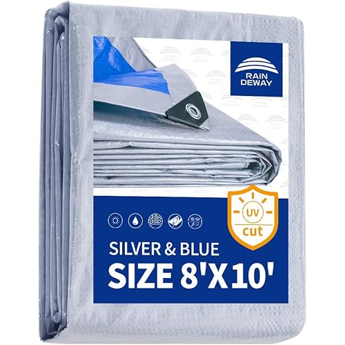 RAINDEWAY Tarps 8x10 Feet, 5.5 Mil - Multipurpose Waterproof Poly Tarp Cover with Metal Grommets and Reinforced Edges, Silver/Blue Tarp