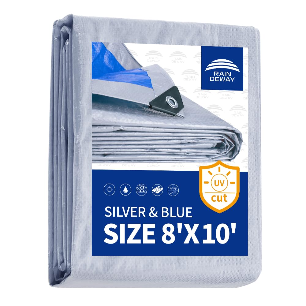 RAINDEWAY Tarps 8x10 Feet, 5.5 Mil - Multipurpose Waterproof Poly Tarp Cover with Metal Grommets and Reinforced Edges, Silver/Blue Tarp