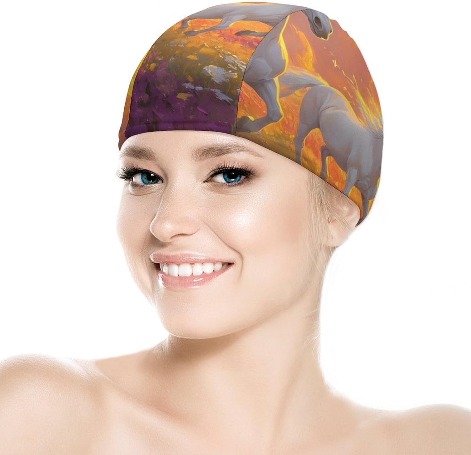 Horses Running Flower Field Sunrise Womens Swim Cap for Men Adult Swimming Hat Curly Short Medium Long Hair