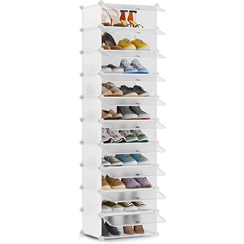 SONGMICS Shoe Rack, Boltless Shelving System, Shoe Organiser, DIY Shelf with Door, PP Plastic, 10 Tiers, White LPC010WH01