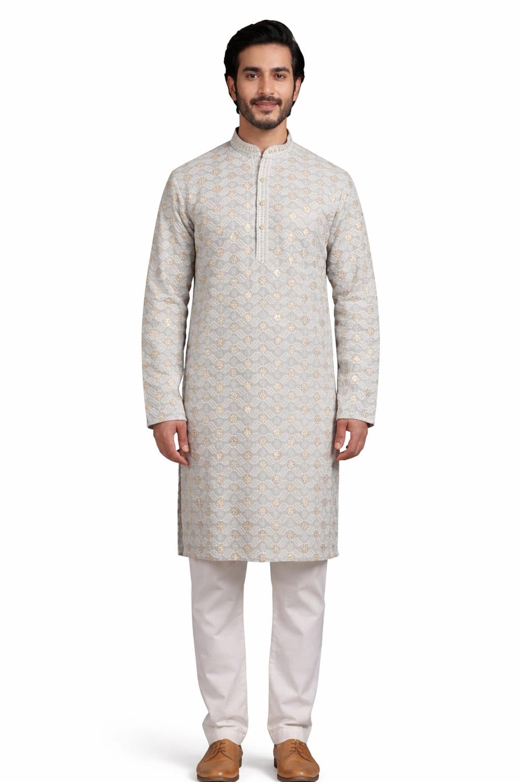 Ethric Wear Men's Sequins Embroidered, Grey, Floral Pattern, Ethnic Wear, Full Sleeves Kurta-image-21