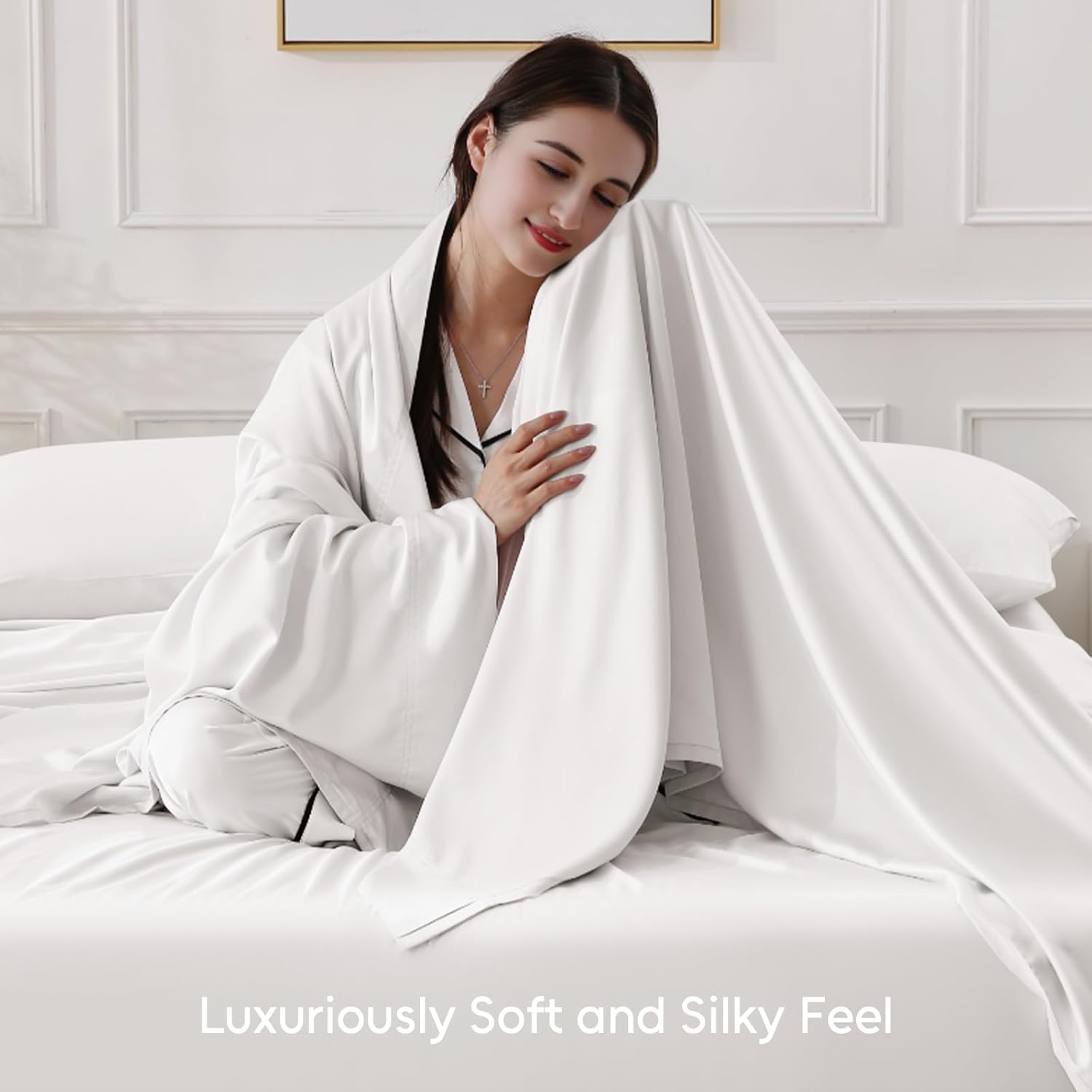 100% Organic Viscose Derived from Bamboo, 4-Piece King Bed Sheet Set, Ultra Soft & Luxuriously Cooling Sheets, Deep Pocket Fits 16" Mattress, Perfect for Hot Sleepers, White