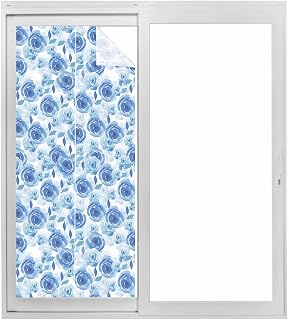 Blue Flowers Window Privacy Film, Spring Watercolor Garden Floral Plants Static Cling UV Sun Blocking Tint Film Heat Control Windows Films for Bedroom Bathroom, Window Stickers 17.7"x39.3"