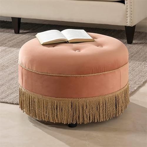 Jennifer Taylor Home Yolanda Upholstered Round Accent Ottoman, Peach Orange Velvet With Gold Trim #TOP1