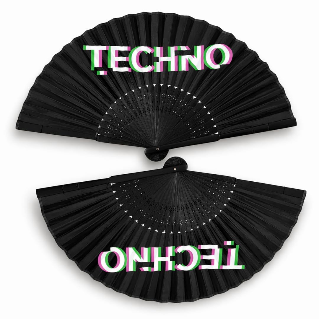 Set di 2 ventagli Techno Rave - Ventagli piccoli e stabili in legno di bambù nero - Decorazione per festeggiamenti e eventi