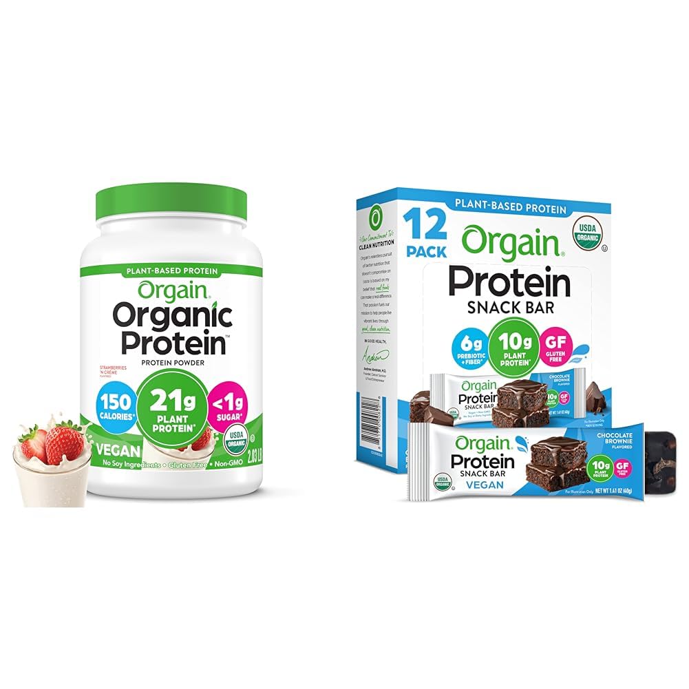 Bundle of Orgain Organic Vegan Protein Powder, Strawberries & Cream, 21g Plant Based Protein, 2.03 lb + Orgain Organic Vegan Protein Bars, Chocolate Brownie, 10