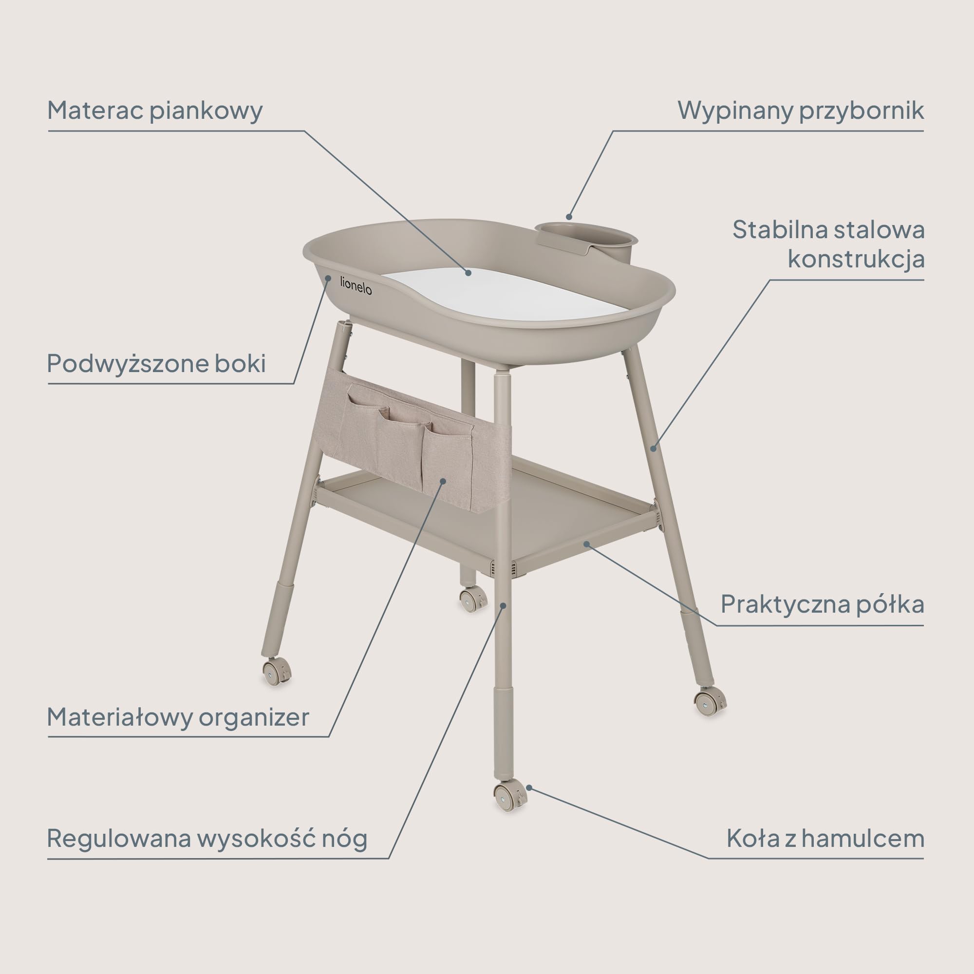 Lionelo Rosie mobilny stolik do przewijania dla niemowląt z regulowaną wysokością, wodoodporna mata piankowa 2 cm, kółka z hamulcami, boczny pojemnik na wodę i organizer z tkaniny, stabilna