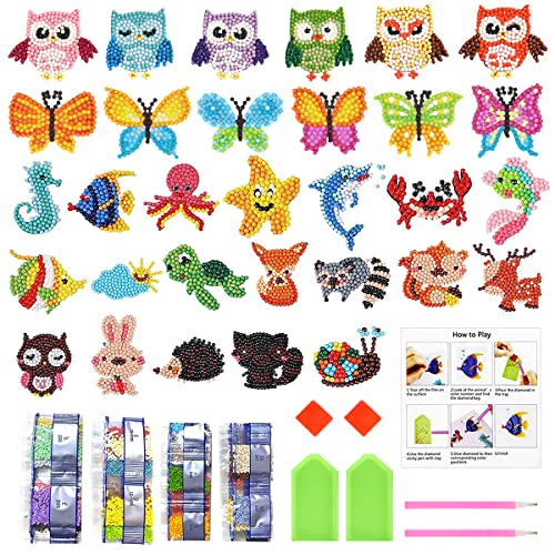 DASIAUTOEM 5D Diamond Painting Kinder Set, 31 Stück DIY Diamant Aufkleber Kit, Tiermalerei Tiere Diamant Aufkleber Kit, DIY Diamant Painting Kit für Kinder und Erwachsene Anfänger, Weihnachtsgeschenke Cover