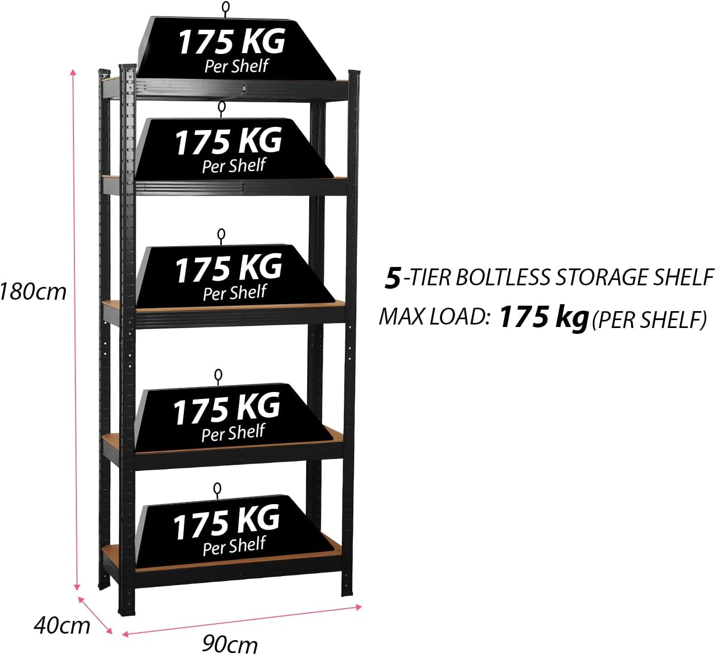 COZYBRITE Étagère de Rangement à 5 Niveaux en Métal, Capacité 875 kg, Planches Réglables, Style Industriel, pour Cuisine, Salon, Entrepôt, Atelier, Bureau (1, Noir, 90x40x180cm)