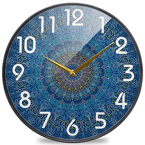 Naanle Vintage Mandala Pattren Round Wall Clock, 9.5 Inch Silent Battery Operated Quartz Analog Quiet Desk Clock for Home,Office,School