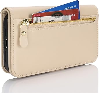 Compatible with iPhone 17 Pro Max Wallet Phone Case flip Cover for Apple 17 Pro Max Beige PU Leather, Women Men, Kickstand, Wrist Strap, Zipper, Card Holder, Credit Slots, 6.9