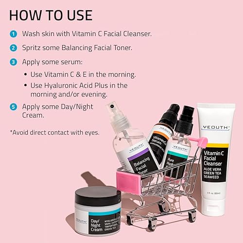 Miniatura 5 de Set de cuidado de la piel antienvejecimiento 20s, limpiador, tónico, vitamina C y ácido hialurónico, suero facial y crema facial, kit de cuidado de