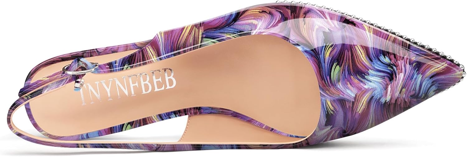 TNYNFBEB Womens Low Kitten Heel Close Pointed Toe Pumps Slingback Silver Beaded Buckle Prom Party Dress Patent Leather 1.4 Inches Heels