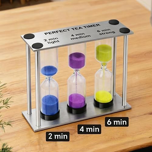 Vista 6 de Lily's Home 3.5" Tall 3-in-1 Perfect Tea Timer, Includes 2, 4, and 6 Minute Sand Hourglass Timers, Use for Making Tea or Keeping Time Around The