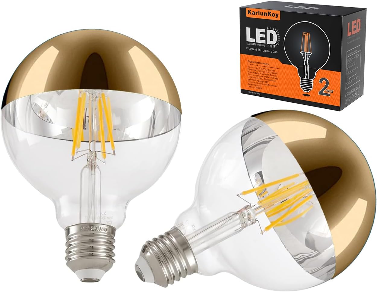 Large Half Gold Light Bulb,8W (80W Equivalent) Dimmable LED Edison Bulbs,G95/G30 Globe Decorative LED Bulb Half Chrome Reflected Light 2700K Soft White E26 Base Pack of 2